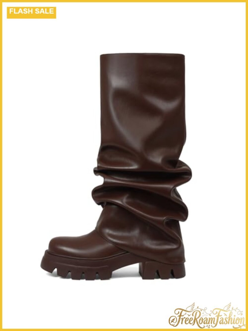 Women's Fold Over Slouchy Wide Calf Platform Mid Calf Boots Pleated Chunky Heel